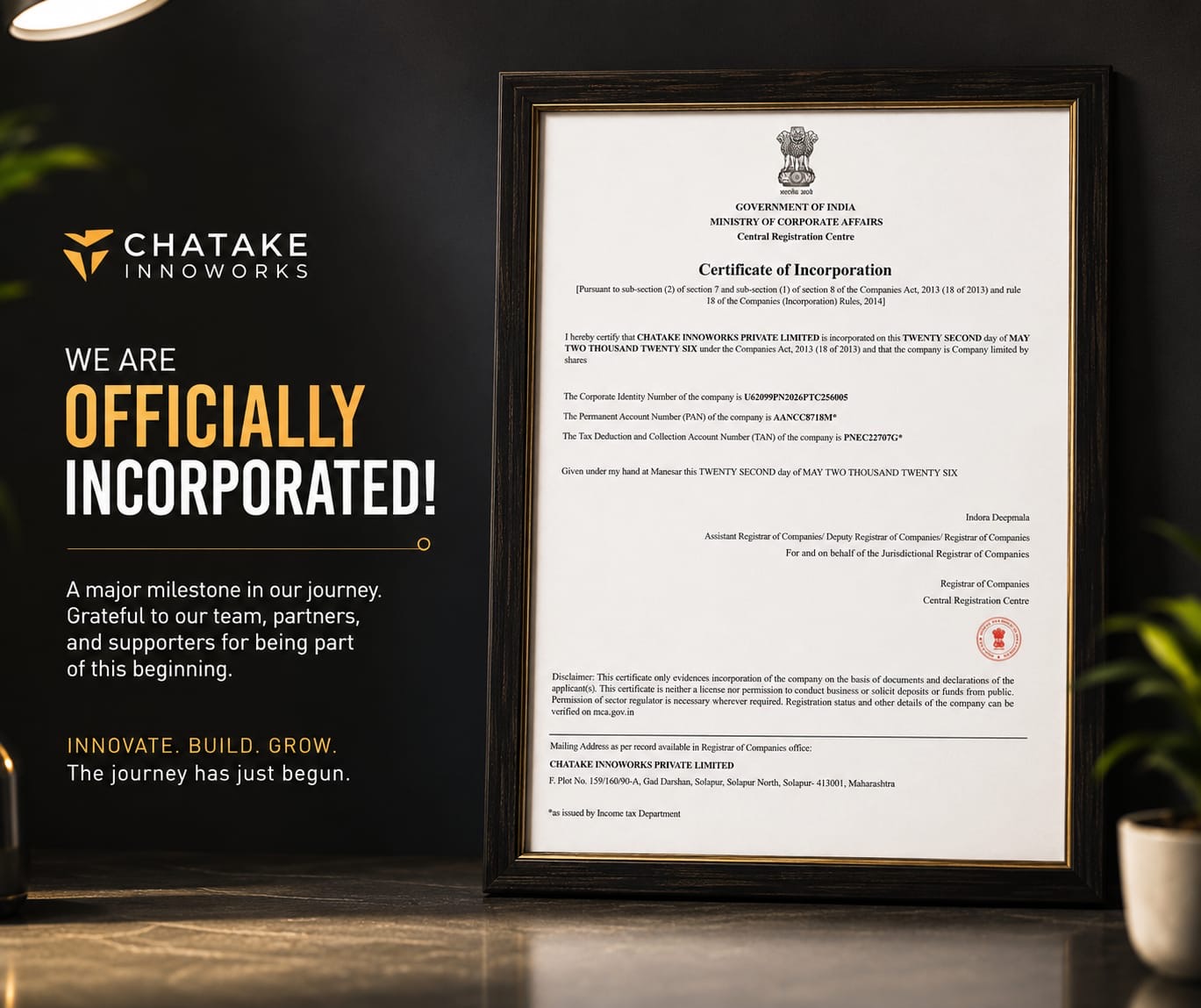 Chatake Innoworks officially incorporated announcement